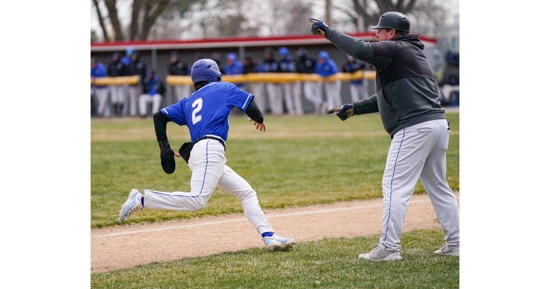 MCC Coach Jon Olsen waves home Blake Dale in a five-run third-inning Saturday but Lamar came back in Game 1 to win 7-6 – the Runnin’ Lopes only win of the weekend.